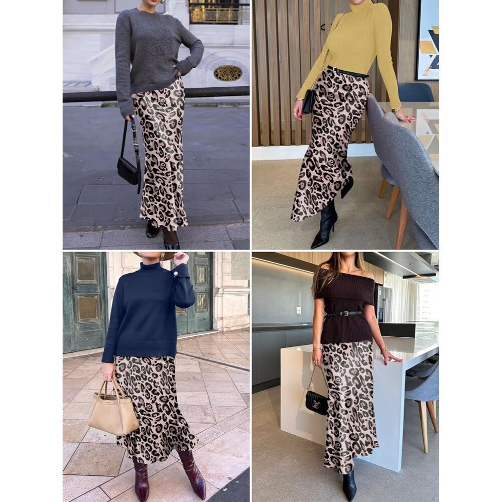 Women Leopard Maxi Dressy Casual Zipped High Waisted Silk Elegant Long Skirt - Picture 3 of 7